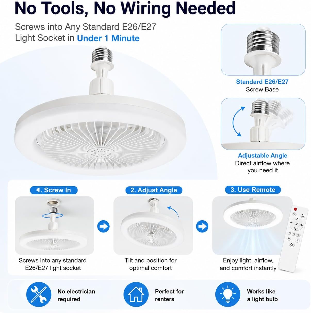 Light Socket Fans with Lights and Remote - LED Socket Fan Light, Quiet Ceiling Fan for Kitchen Bathroom Store Room Garage (White)