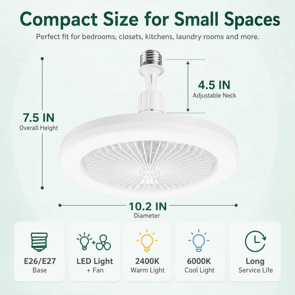 Light Socket Fans with Lights and Remote - LED Socket Fan Light, Quiet Ceiling Fan for Kitchen Bathroom Store Room Garage (White)