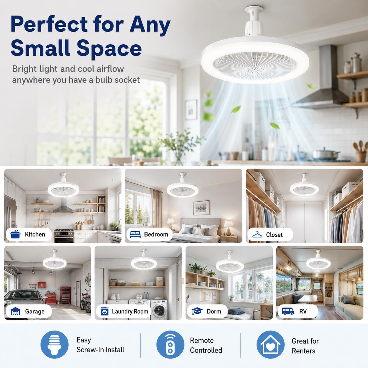 Light Socket Fans with Lights and Remote - LED Socket Fan Light, Quiet Ceiling Fan for Kitchen Bathroom Store Room Garage (White)