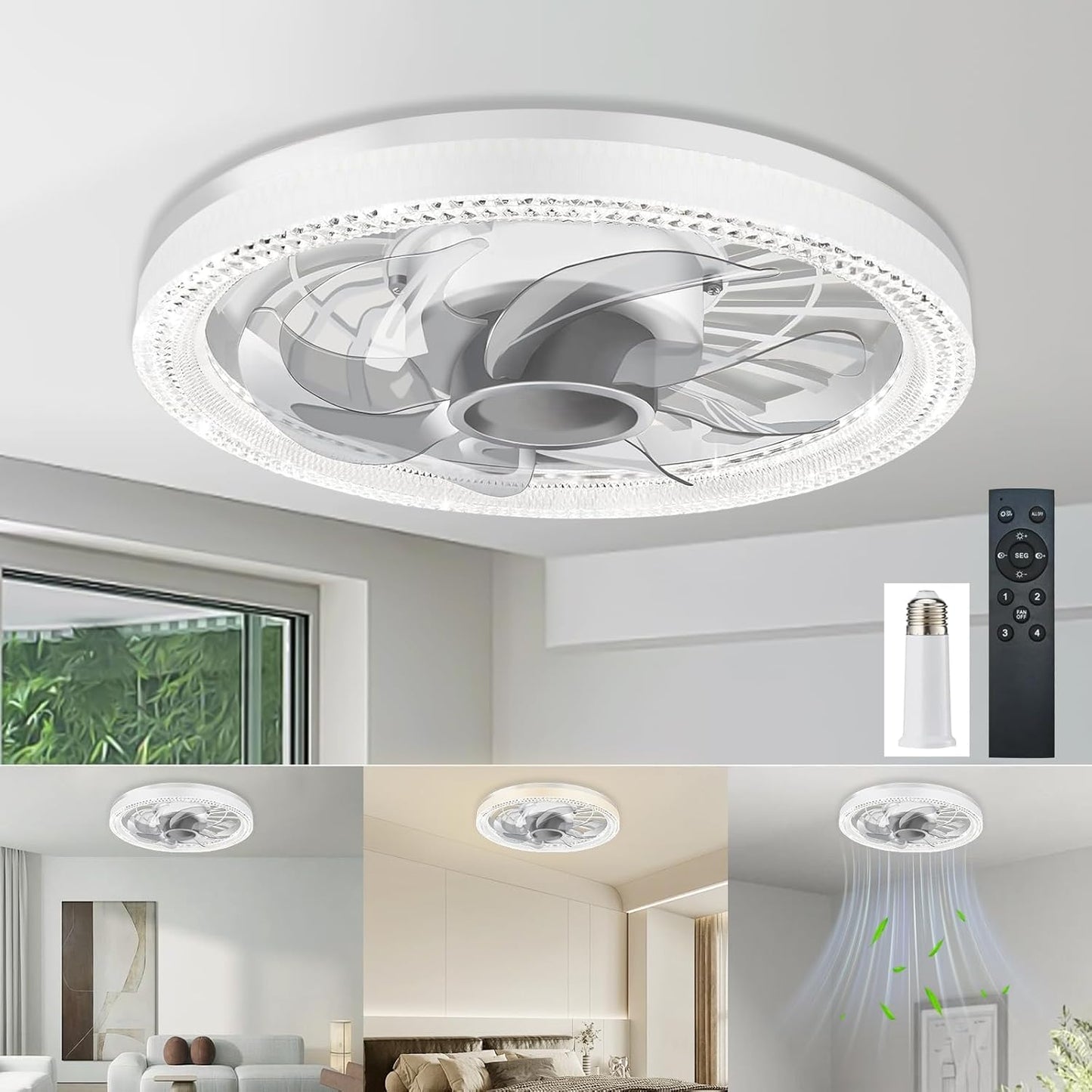 Deyagoo Ceiling Fan Light,12-inch Socket Fan Light with Remote Control | 3 Colors,4-Speed Wind level,Dimmable, LED Light, Easy to Install
